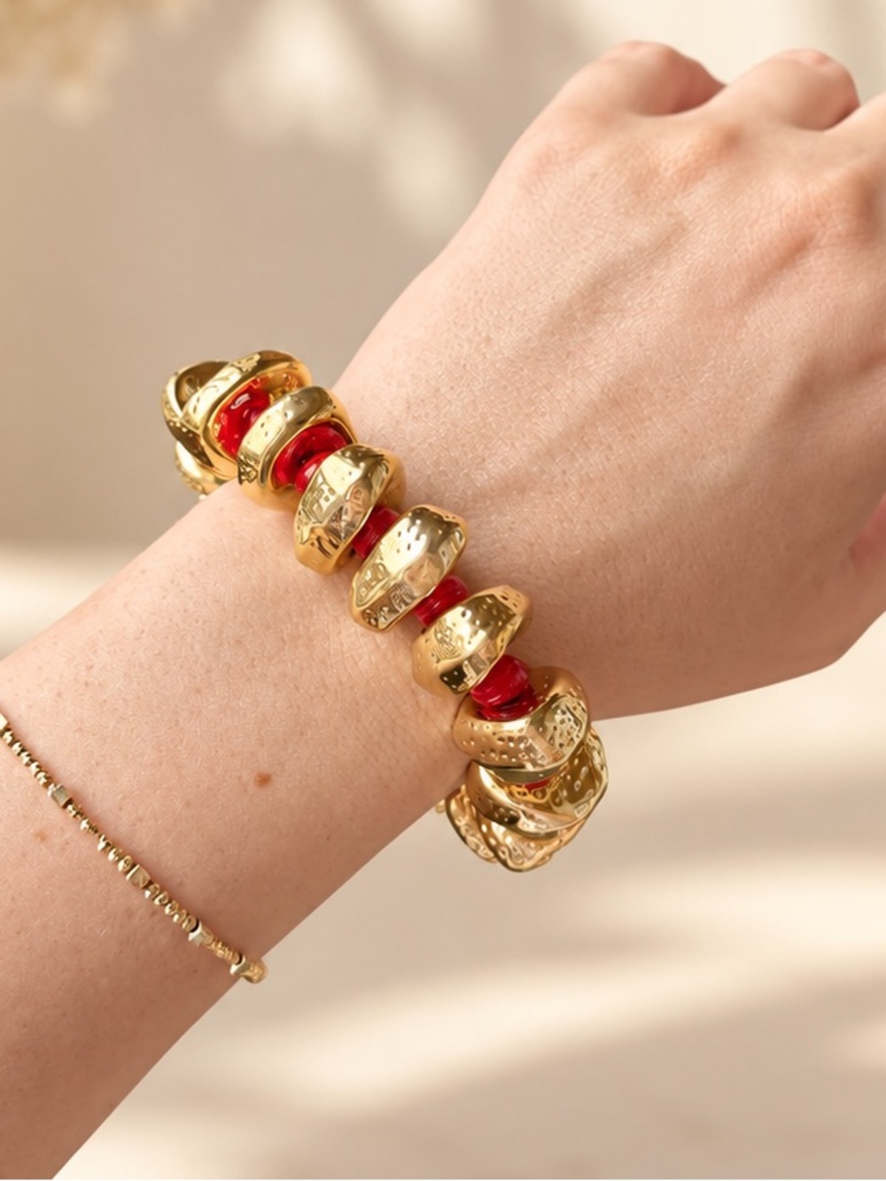 Gold and Red Chunky Stretch Bracelet - Women's Jewelry